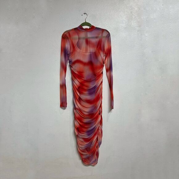 Capsulle Red Summer Heat Print Mesh Ruched Midi Bodycon Dress Sz M - Picture 2 of 14